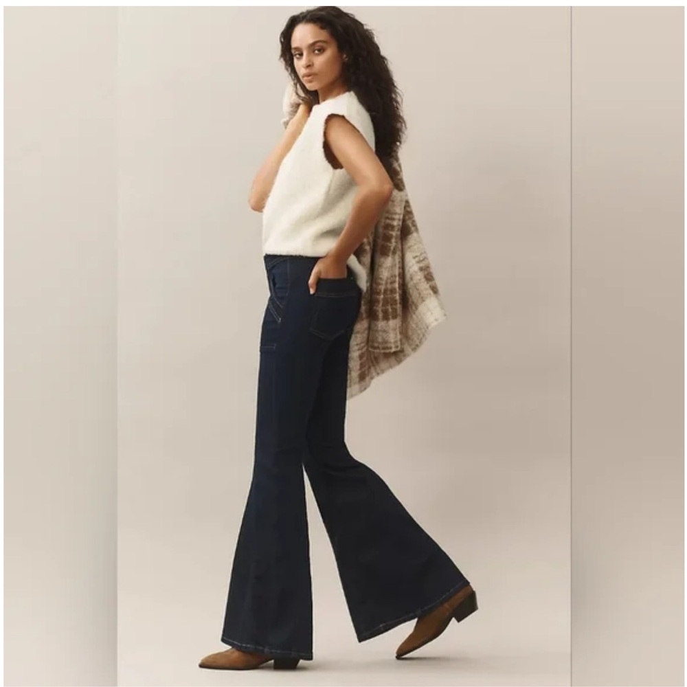 NWT Anthropologie Pilcro Puddle Mid Rise Dark Wash Bellbottom Flare Jeans 28 - Picture 7 of 10
